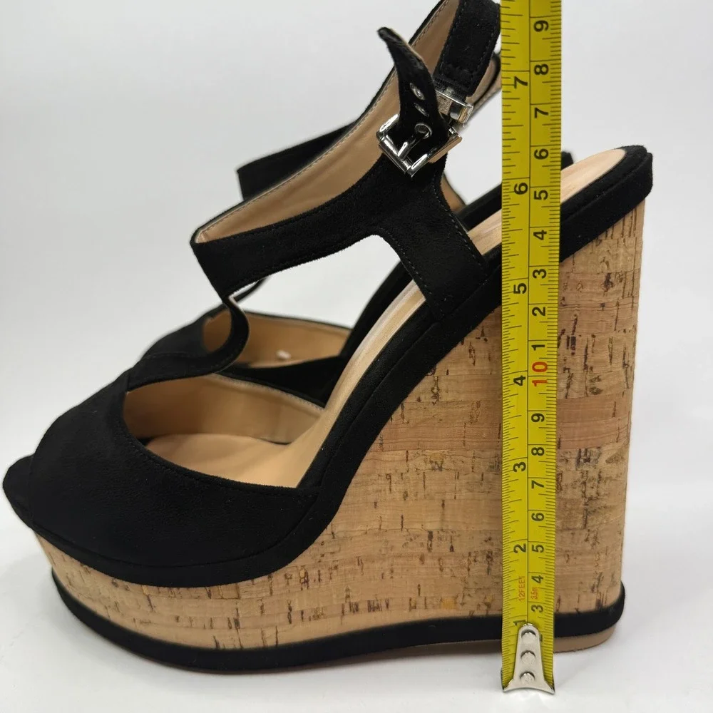 IDIFU IN5 Polly Wedges Womens 9 Black Nubuck Cork Platform T-Strap Sandals